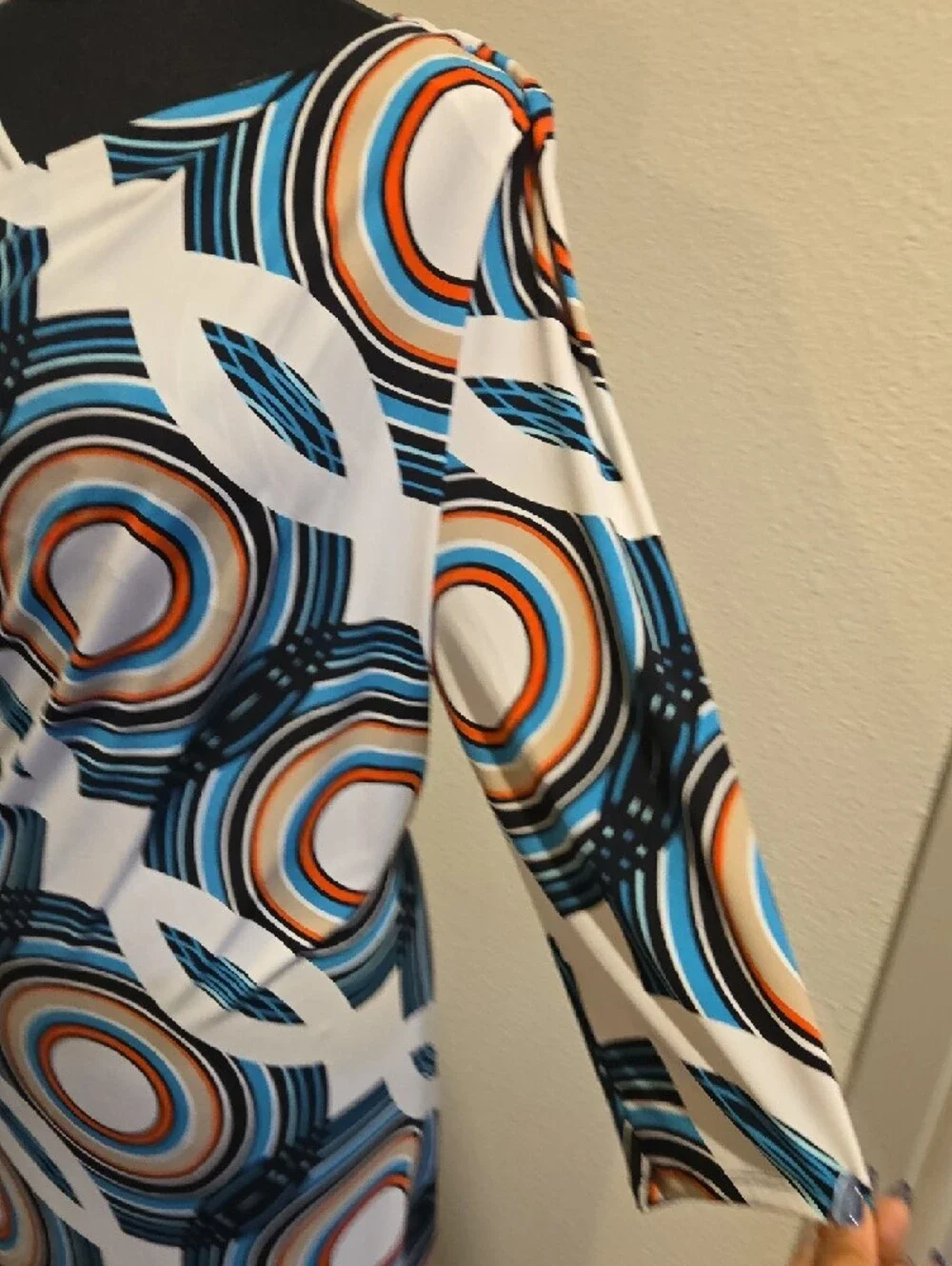 Liz Claiborne White Dress with Blue & Orange Circular Print - Picture 3 of 7